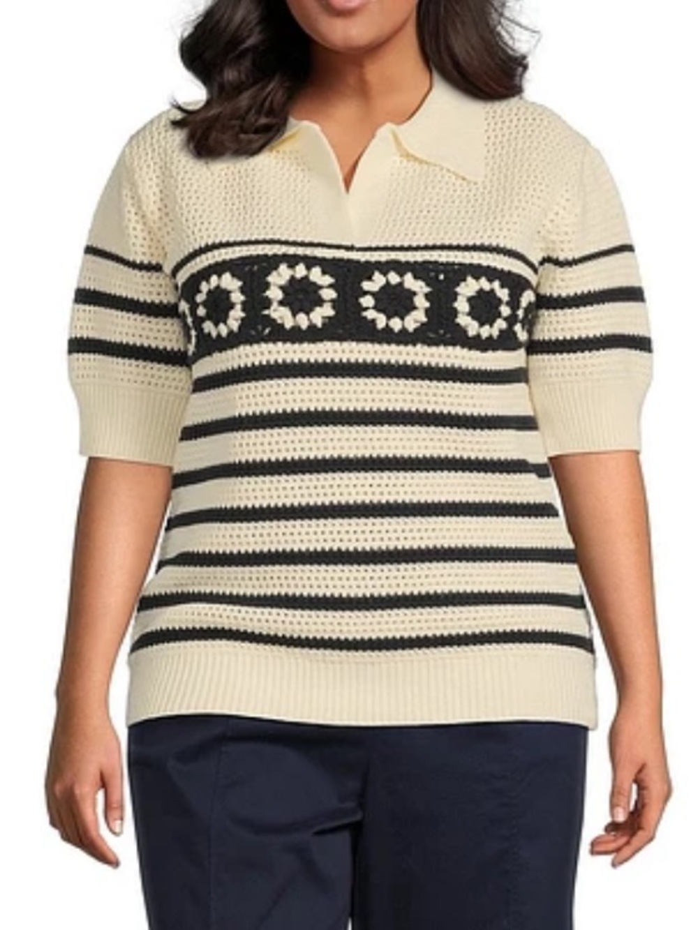 Skies Are Blue 2X Printed Pointelle Knit Collared Short Sleeve Sweater NWT